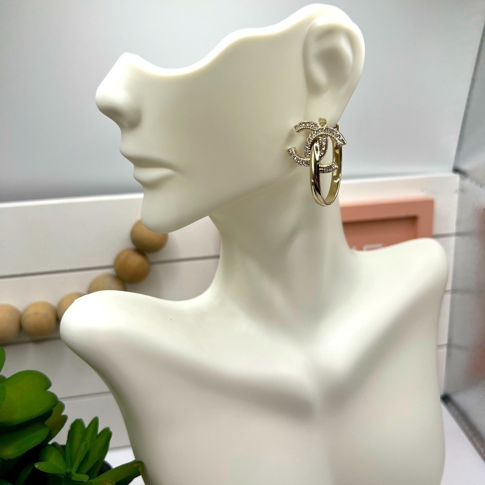 Chanel Crystals CC Gold Hoop Earrings